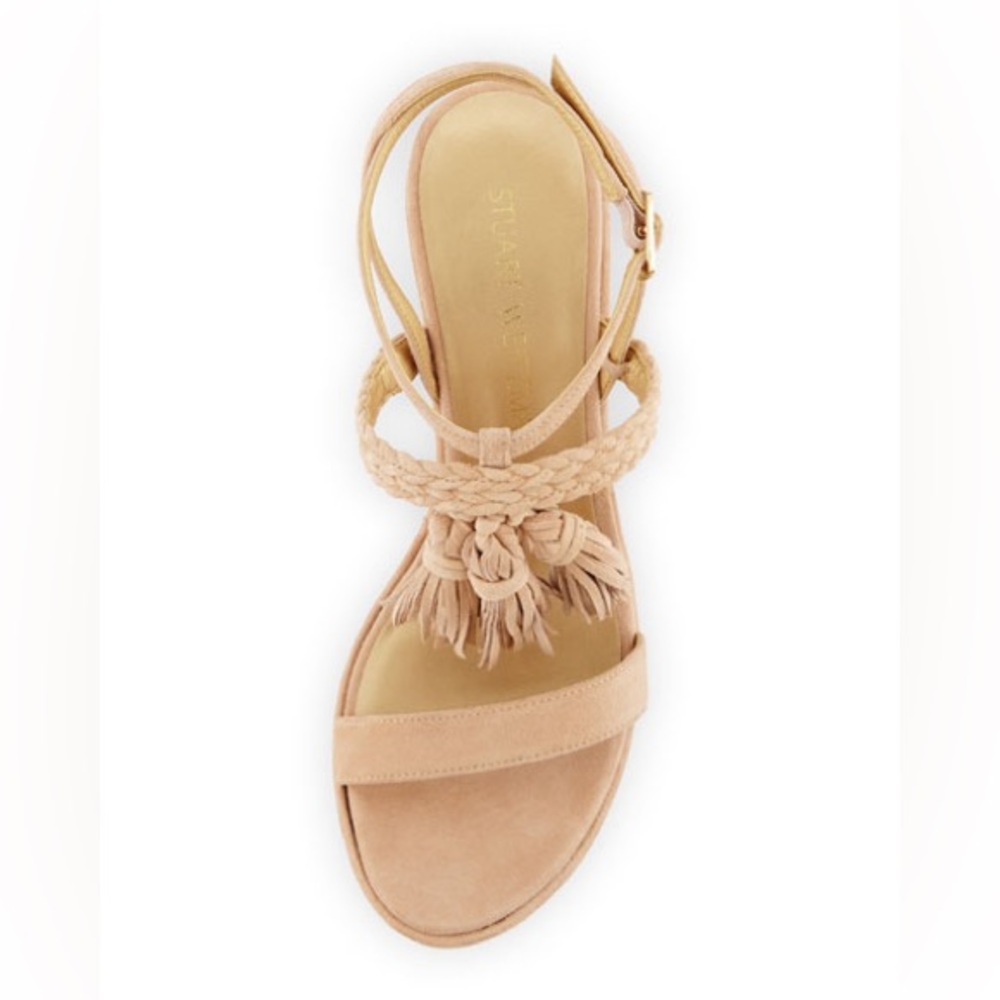 Stuart Weitzman Tasselmania Suede Wedge Sandal, Beige, Size 10.5 - Picture 3 of 11